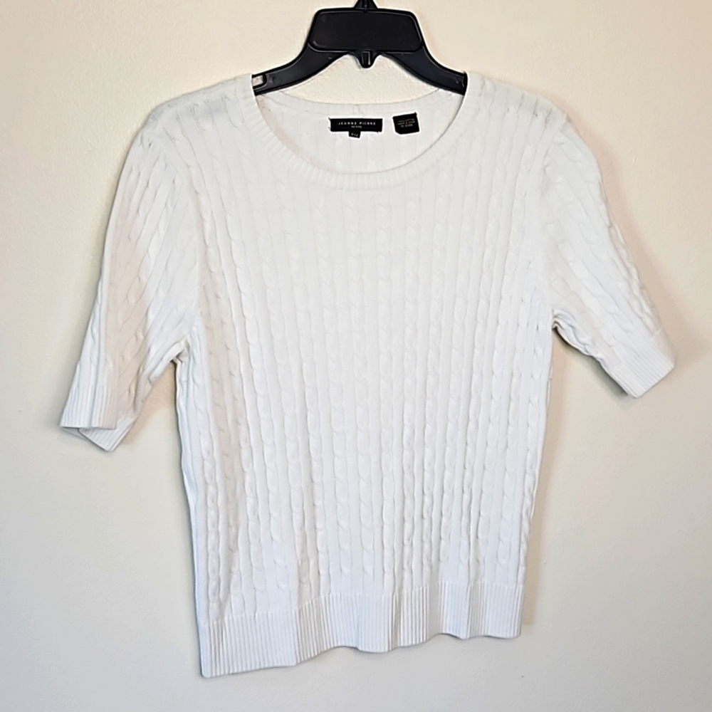 Jeanne Pierre White Cable Knit Sweater Short Sleeve Medium